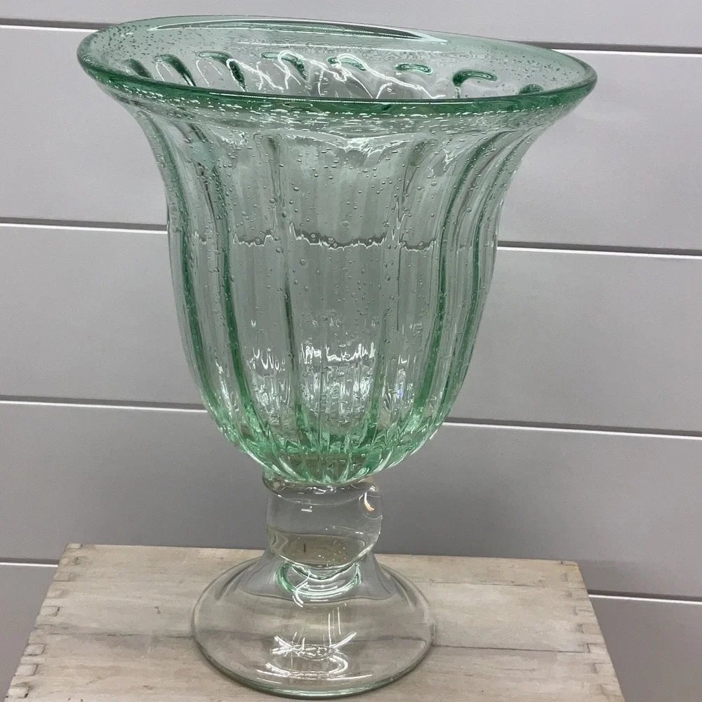 Green Seeded Glass Optic Ribbed Footed Hurricane Vase 11.5 Inch Centerpiece